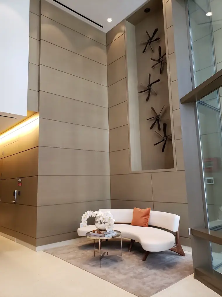 19 Park Place, Wood paneling work, lobby, custom millwork by New Wings in New York