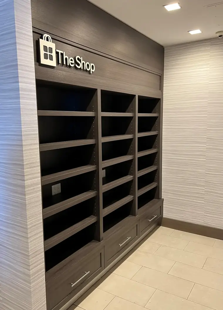 Hilton The Shop, Custom built-in fabrication and installation, custom millwork by New Wings in New York